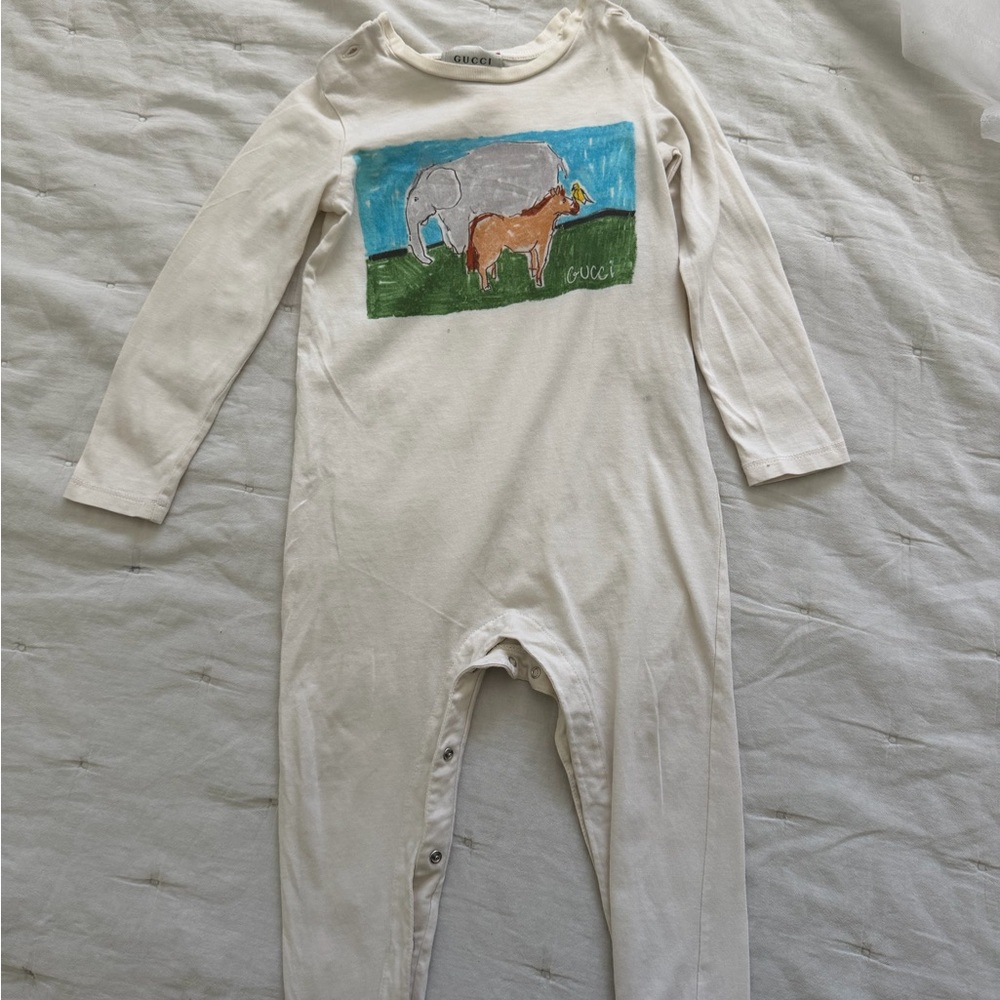 Gucci Cream Onesie with Elephant and Horse Print
